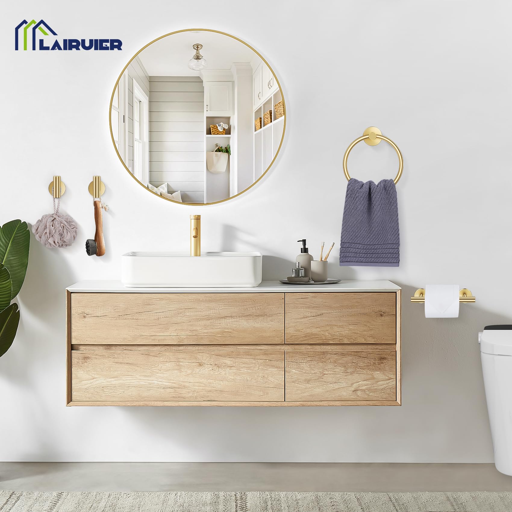 Organized bathroom with Lairuier brushed gold hardware for everyday use.