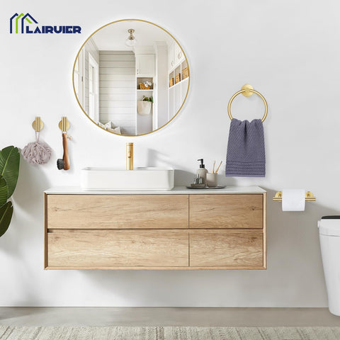 Organized bathroom with Lairuier brushed gold hardware for everyday use.