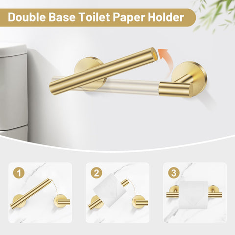 Lairuier brushed gold robe hook supports organized bathroom storage.