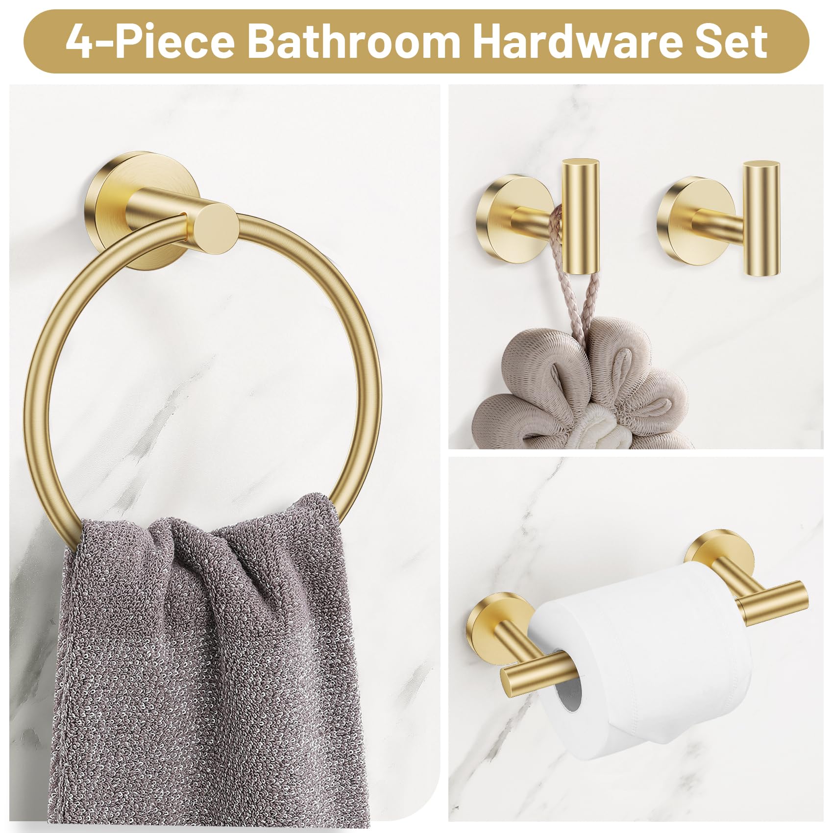 Lairuier brushed gold toilet paper holder keeps paper within reach.