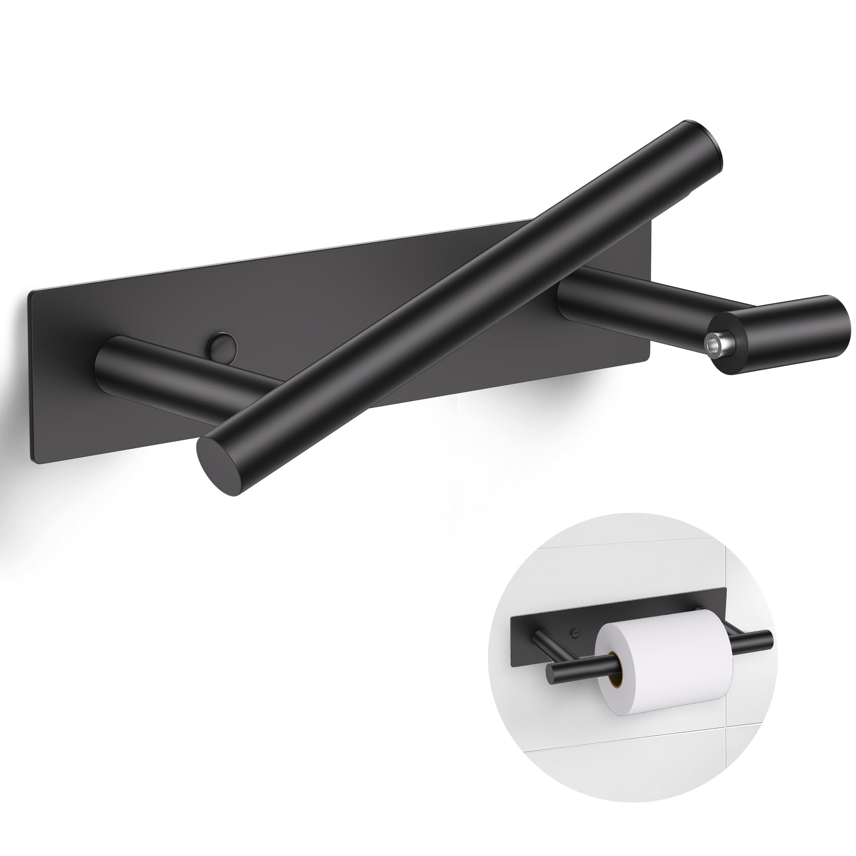 Lairuier matte black toilet paper holder with adhesive mount for easy, damage-free installation.