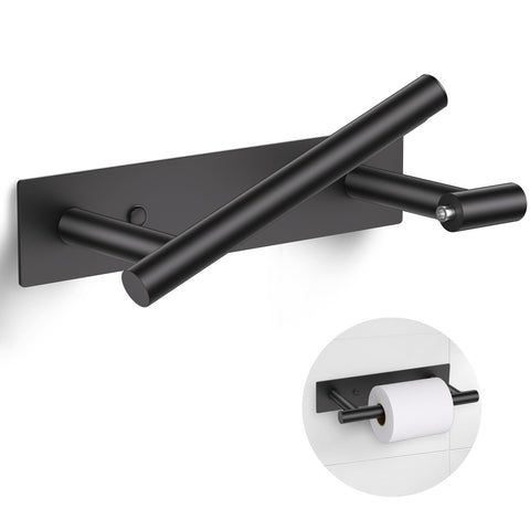 Lairuier matte black toilet paper holder with adhesive mount for easy, damage-free installation.