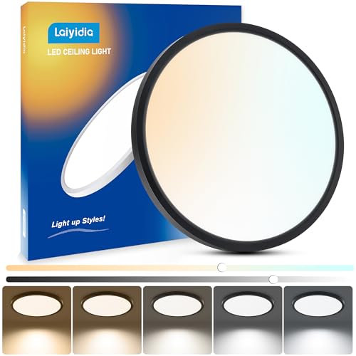 Laiyidia 12-inch round LED flush mount in matte black provides space-saving illumination.
