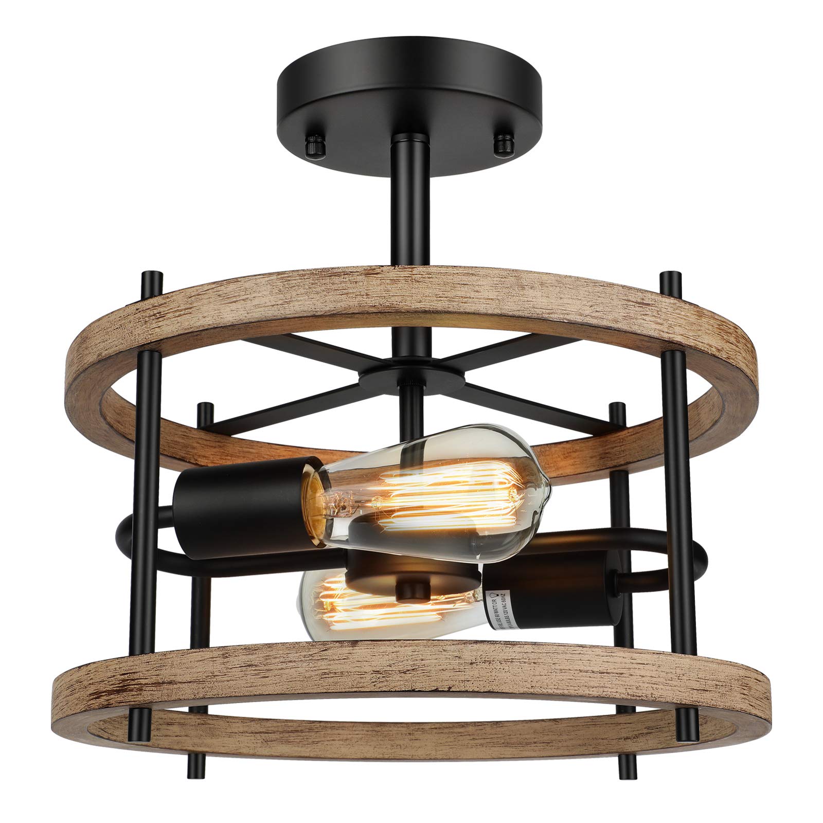 Lakumu 2-light retro semi-flush ceiling light with wood and black metal finish for vintage ambience