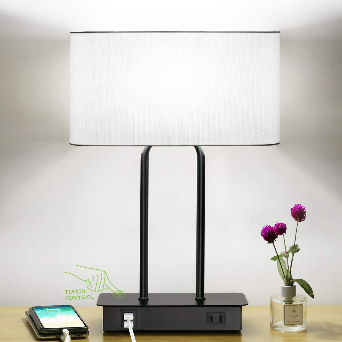 Lakumu bedside lamp base demonstrating touch control for quick power on