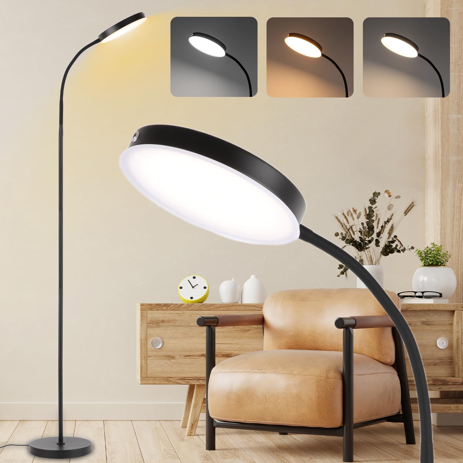 LALISU floor lamp glows brightly in a living room for reading.