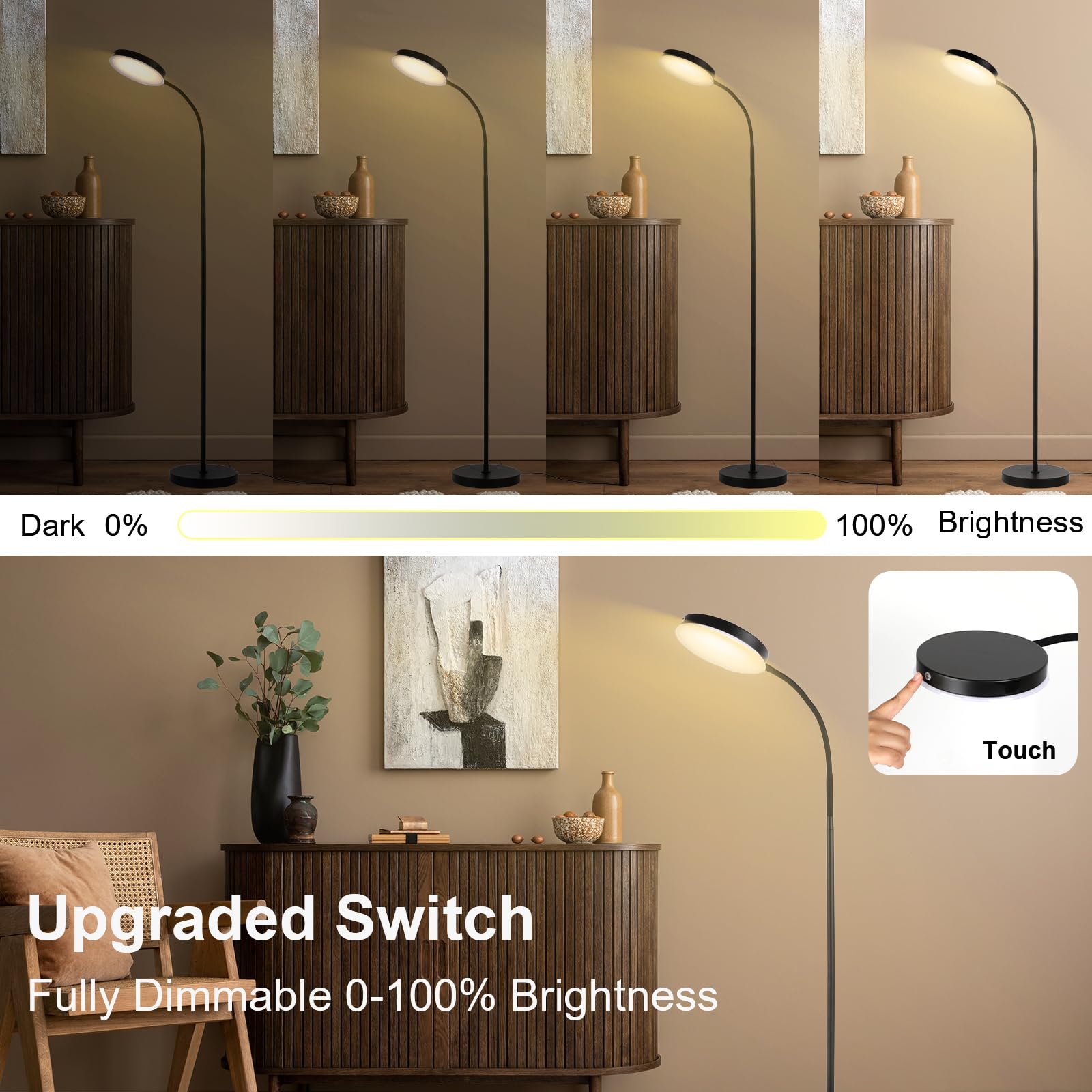 LALISU floor lamp shows touch-control on the shade for quick brightness adjustment.