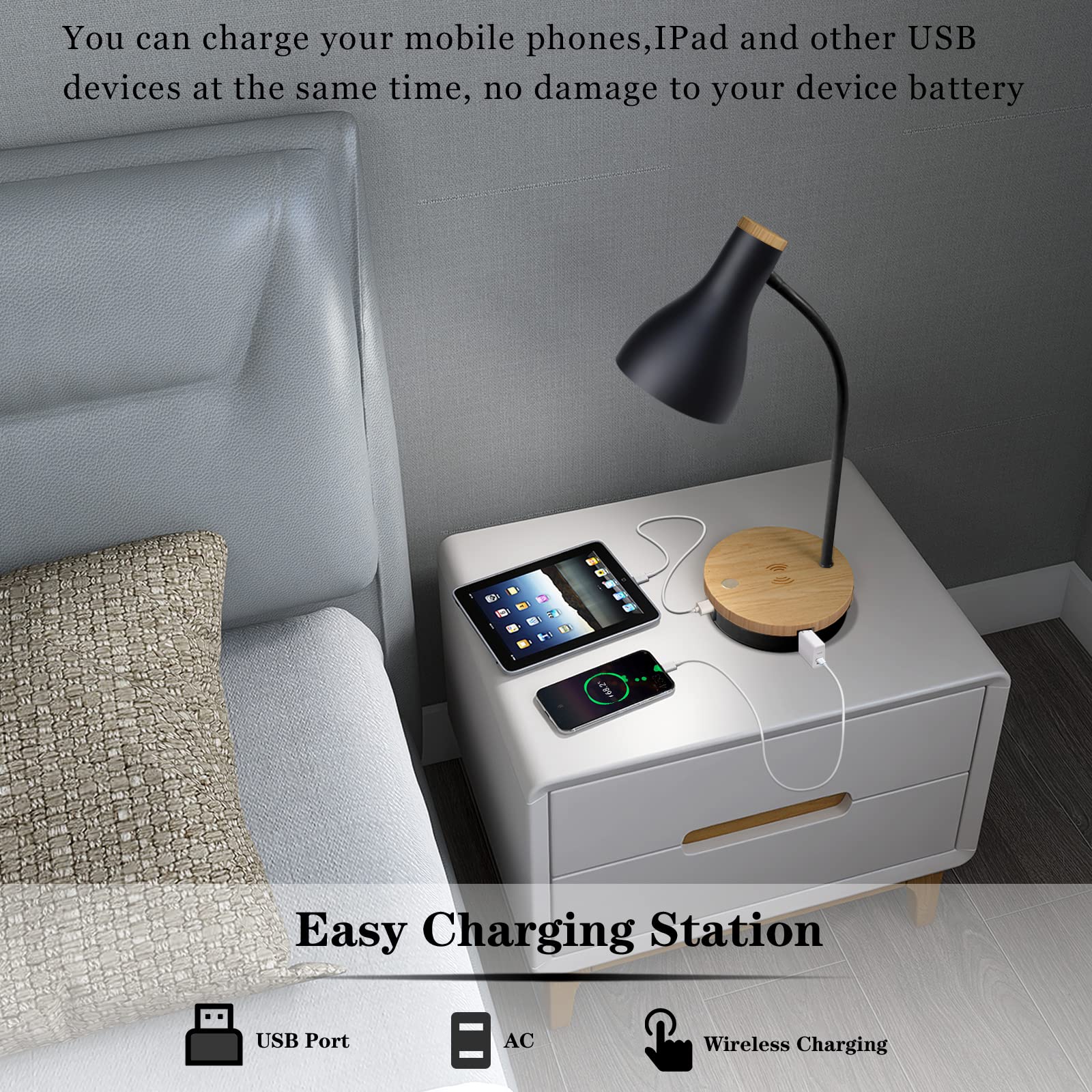 LALISU desk lamp wireless charger top enables fast device charging.