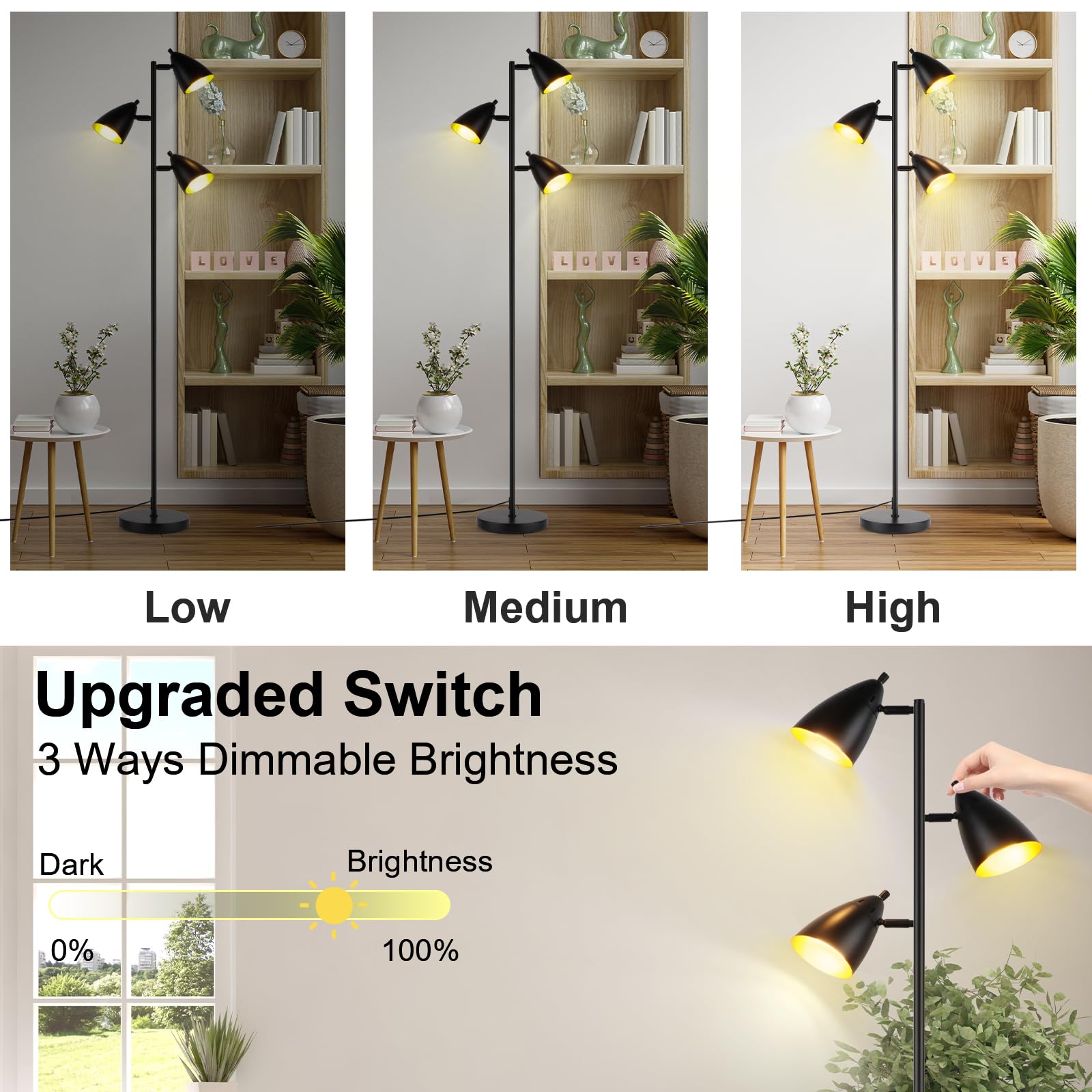 LALISU 3-light heads enable independent brightness, ideal for targeted reading and task lighting.
