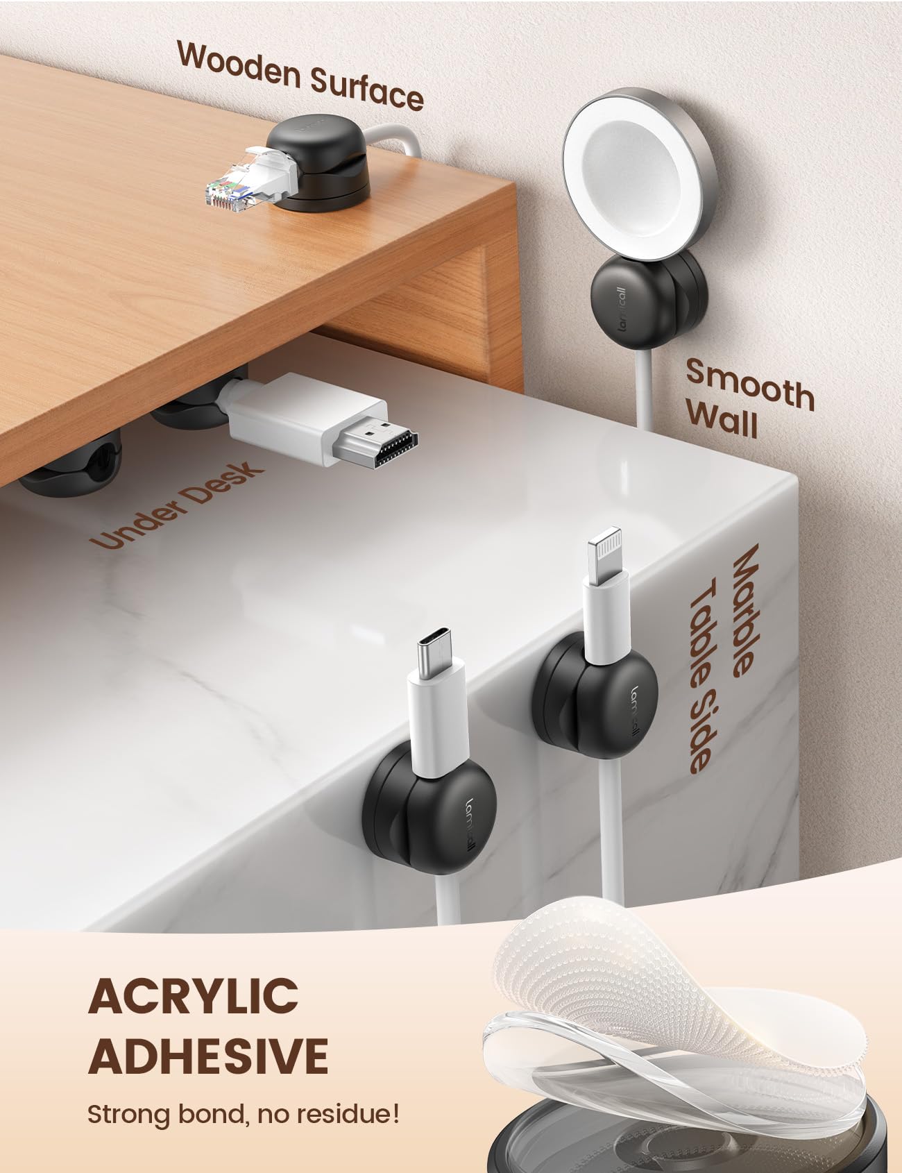 Lamicall cable clip with 8mm slot fits multiple cables.