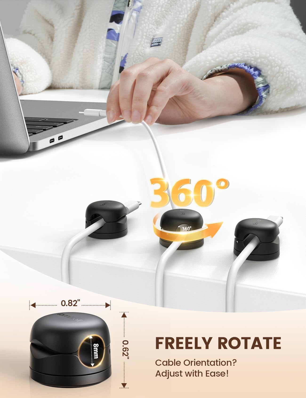 Lamicall auto-close cord clip enabling one-handed cable management.