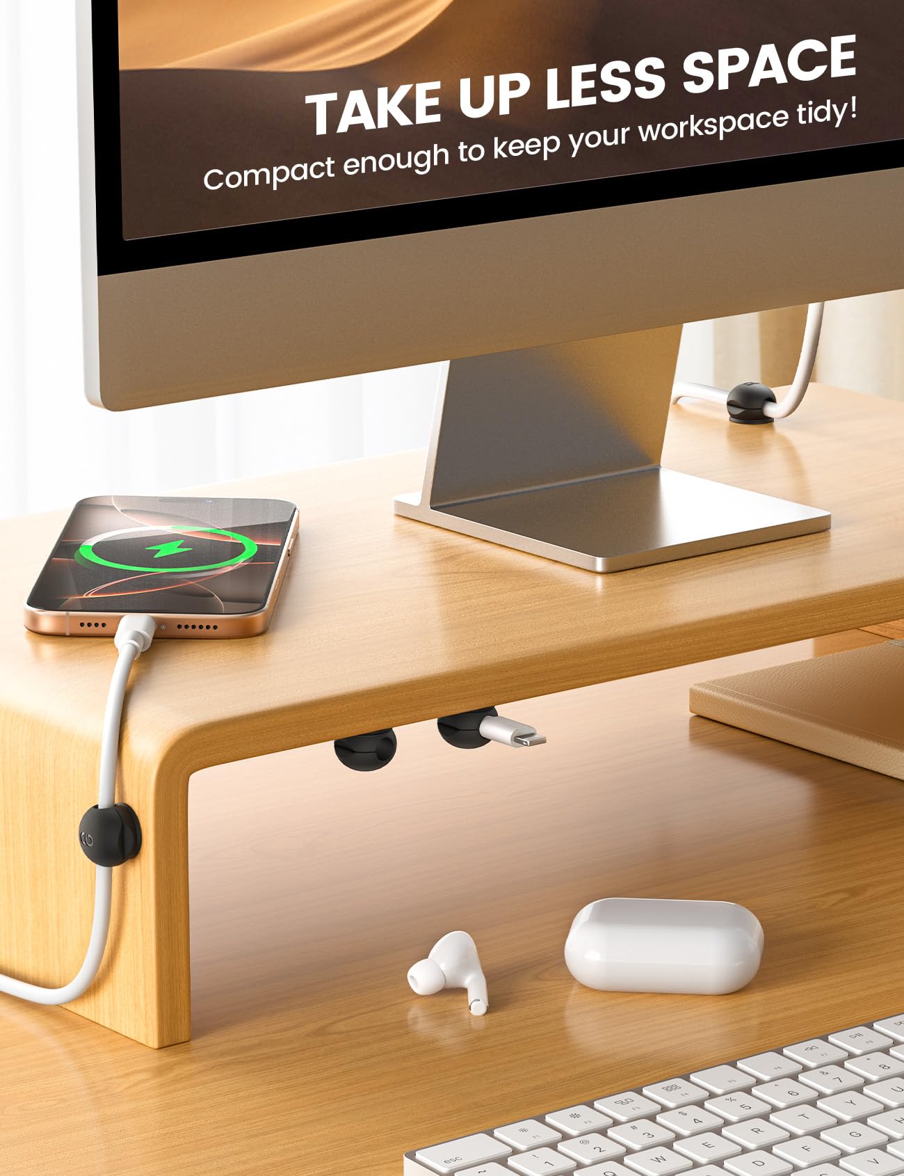 Lamicall cord holder attached to nightstand keeps bedside cables organized.