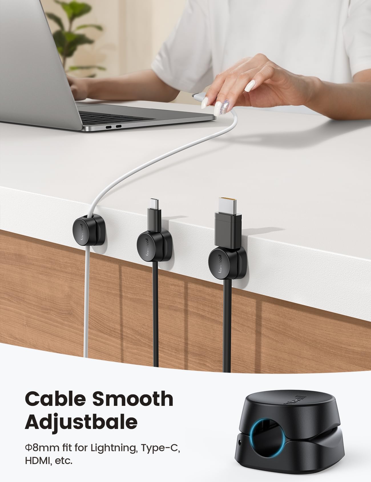 Lamicall cord organizer clip installed in a neat desk setup