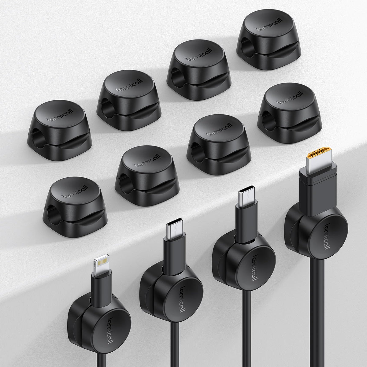 Lamicall cord organizer clip demonstrating one-handed cable access on a desk