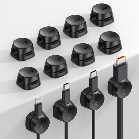 Lamicall cord organizer clip demonstrating one-handed cable access on a desk