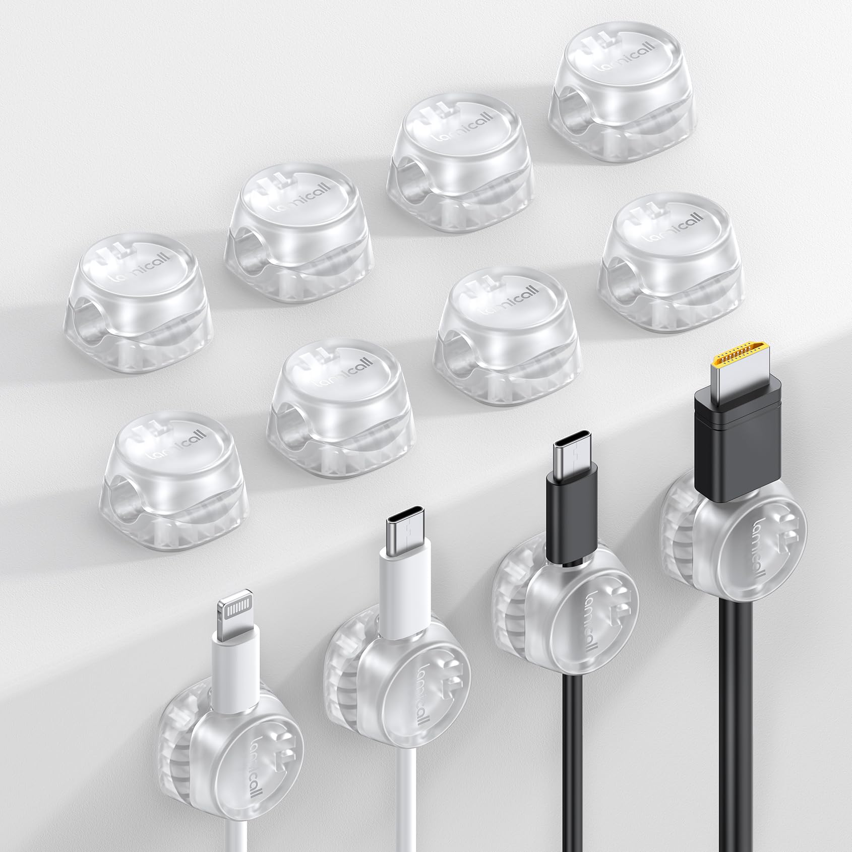 Lamicall cord organizer clip with spring lock keeps desk cables tidy.
