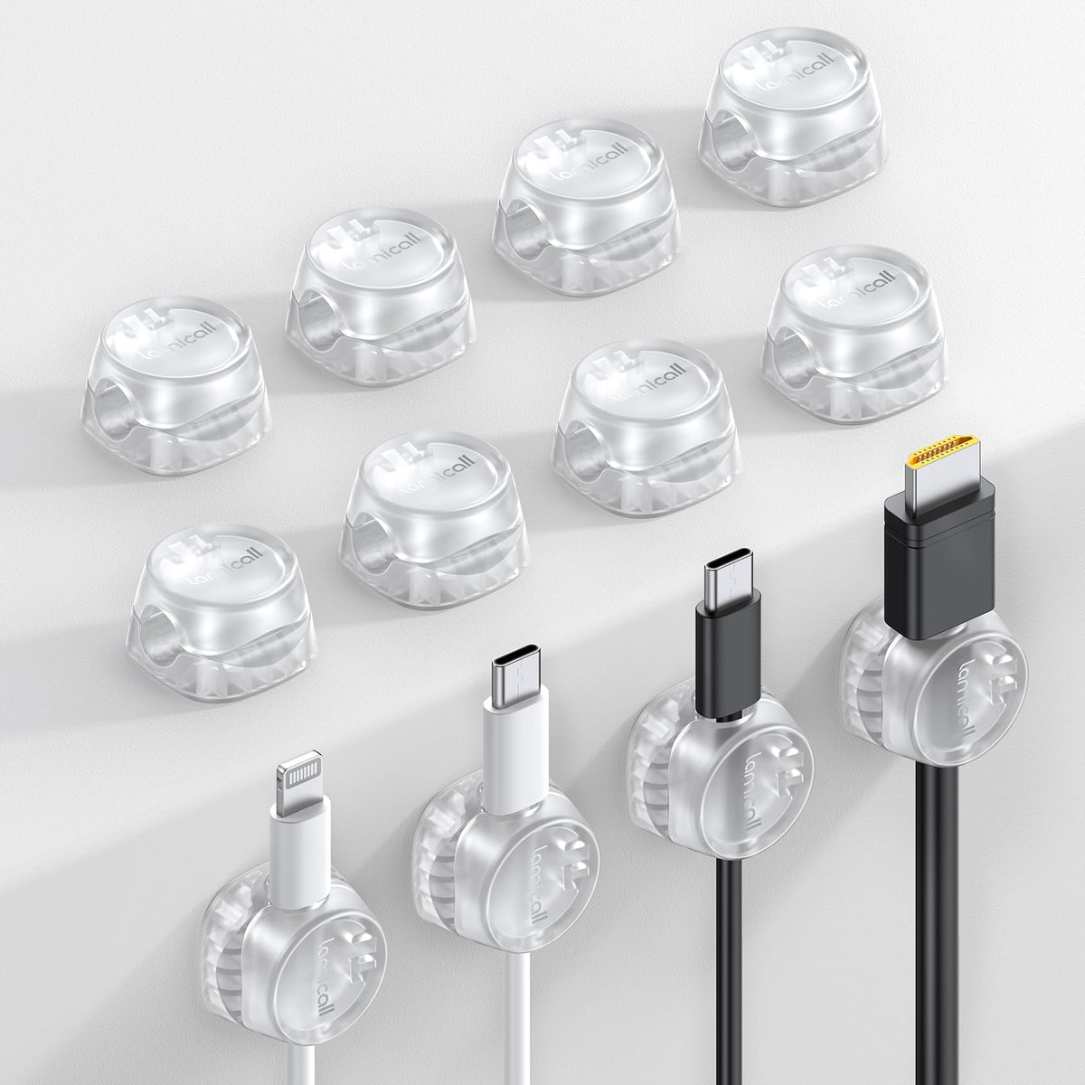 Lamicall cord organizer clip with spring lock keeps desk cables tidy.