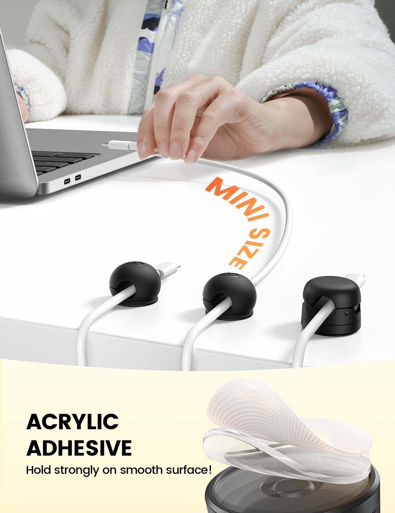Lamicall desktop cable management clips neatly guide HDMI and USB cords.