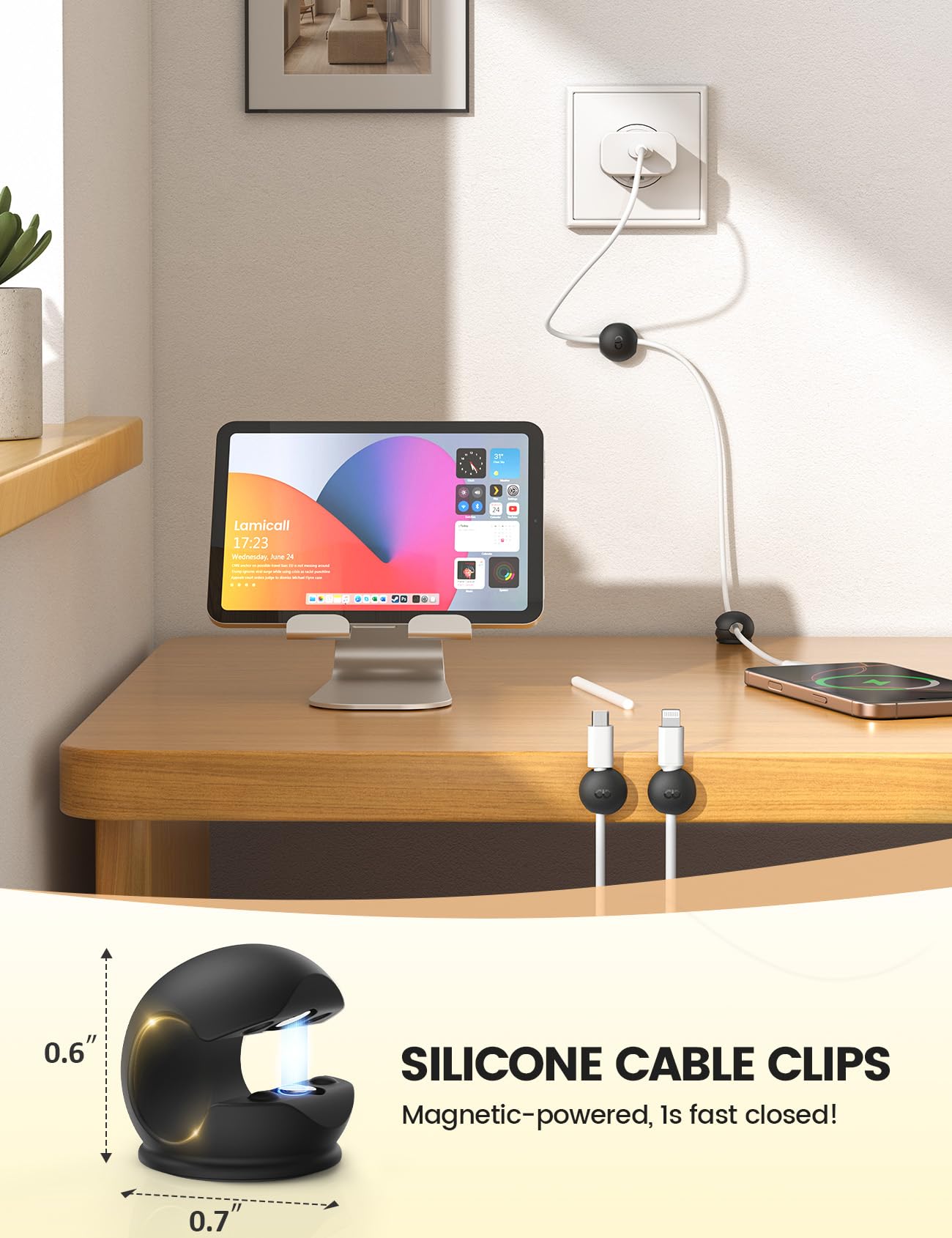 Lamicall silicone mini cable clips securely hold charging cables with one hand.