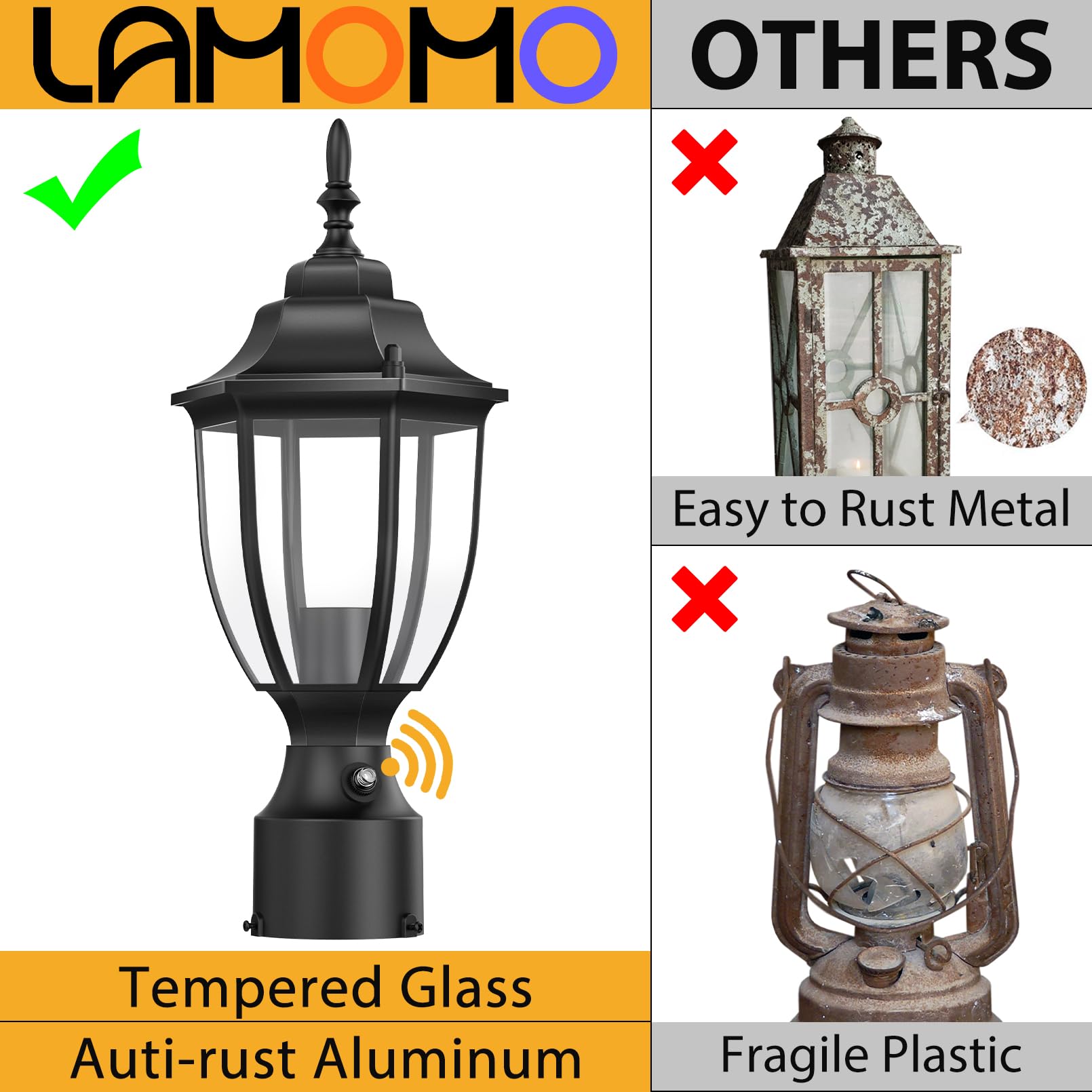 Lamomo outdoor post light showing durable aluminum body for all-weather use
