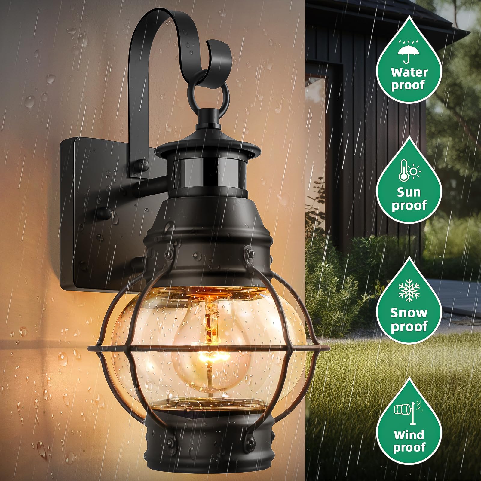 Lamomo outdoor wall lamp close-up emphasizing weatherproof construction for all weather.