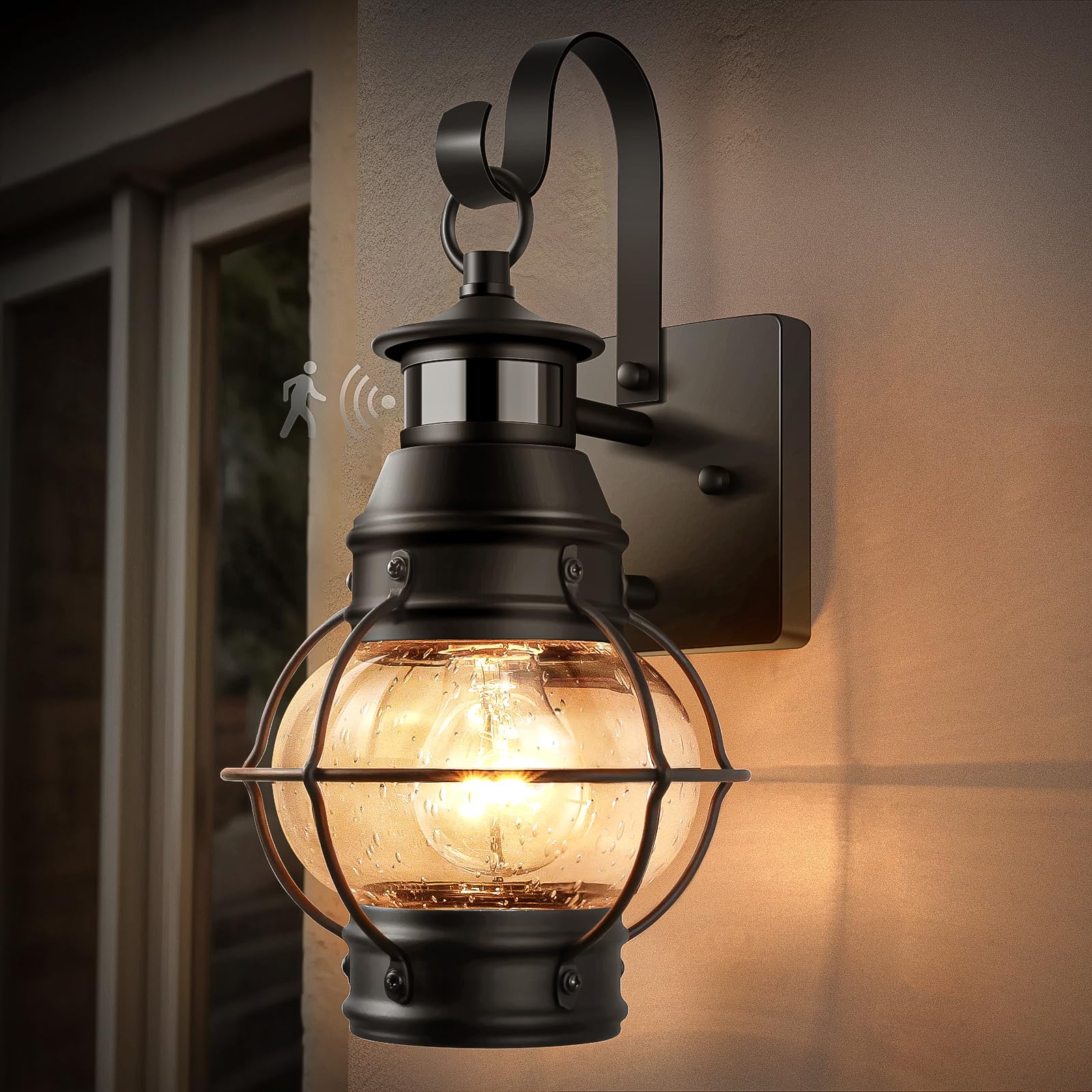Lamomo outdoor wall light front view with motion-activated brightness for safer nighttime entry.