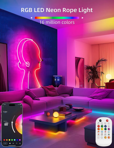 Lamomo RGB neon strip creates cozy bedroom mood and color lighting