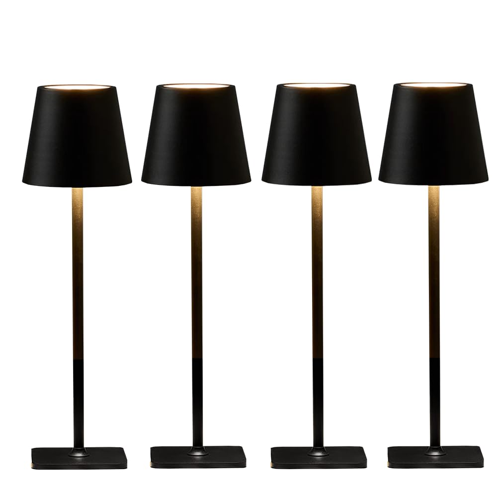 LamparaDecor 4-pack cordless LED table lamps for outdoor dining, rechargeable and portable.