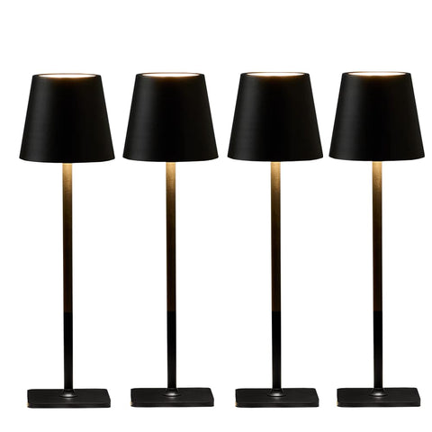 LamparaDecor 4-pack cordless LED table lamps for outdoor dining, rechargeable and portable.