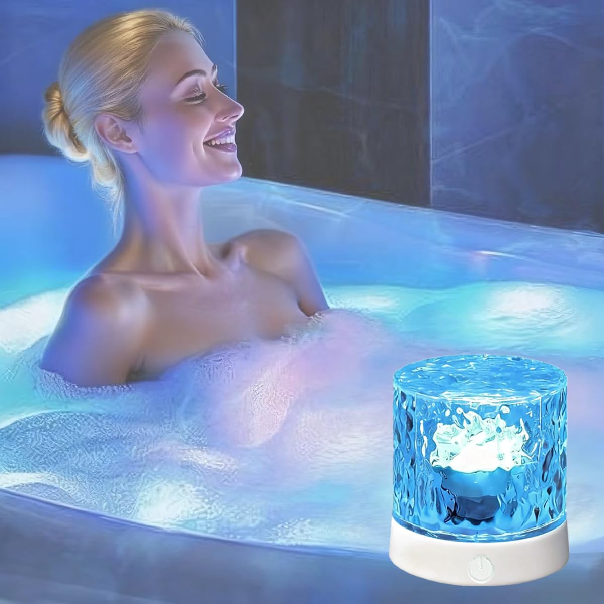 LamparaDecor rechargeable shower light with ocean wave projection for spa-like bathroom ambiance.