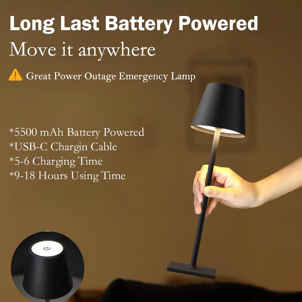 LamparaDecor rechargeable table lamp with no plug, ideal for patio dinners and restaurant tables.
