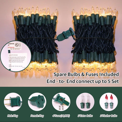 Close-up of green wire with clear incandescent bulbs from LAMPHOME