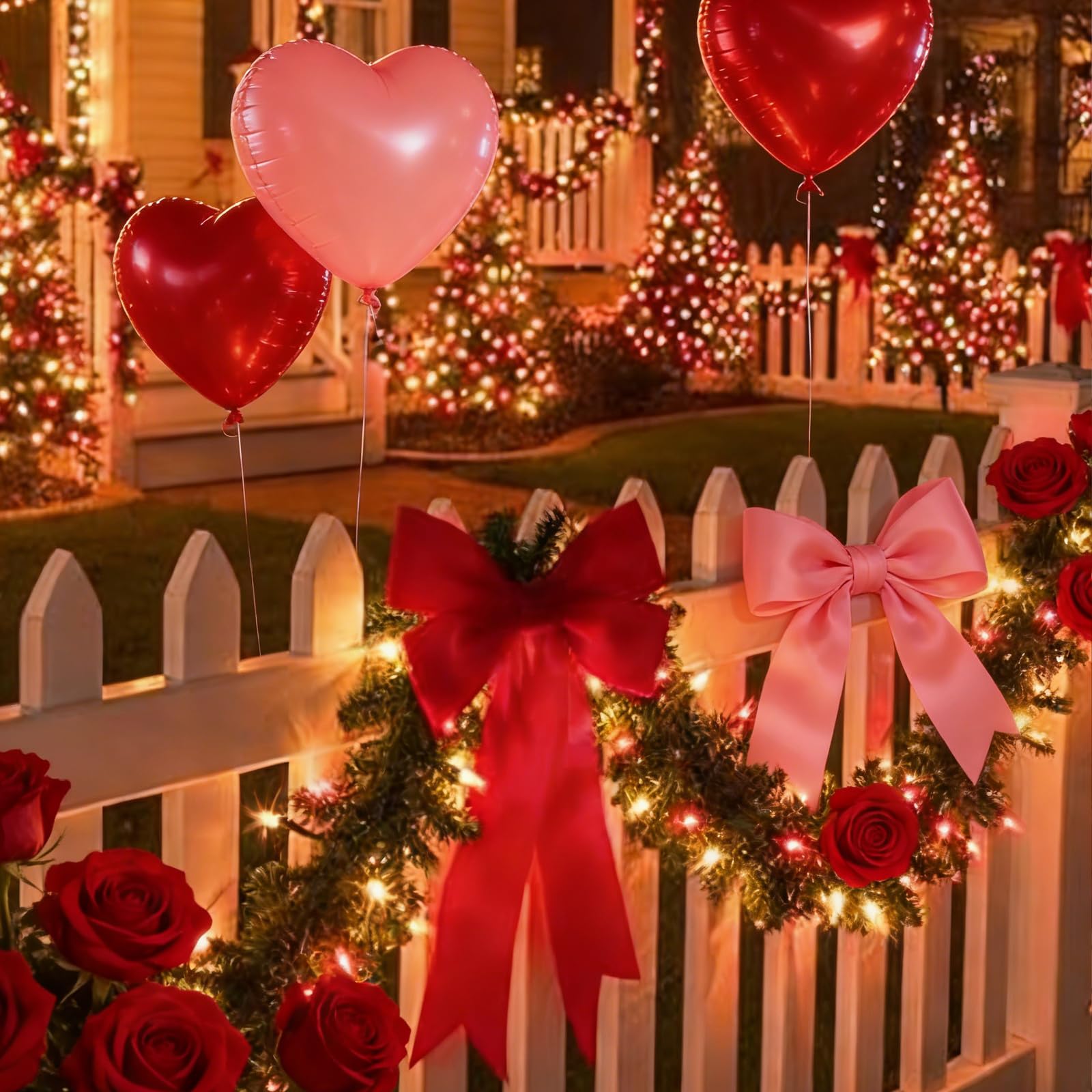 LAMPHOME soft red and white glow for cozy nighttime garden ambience.