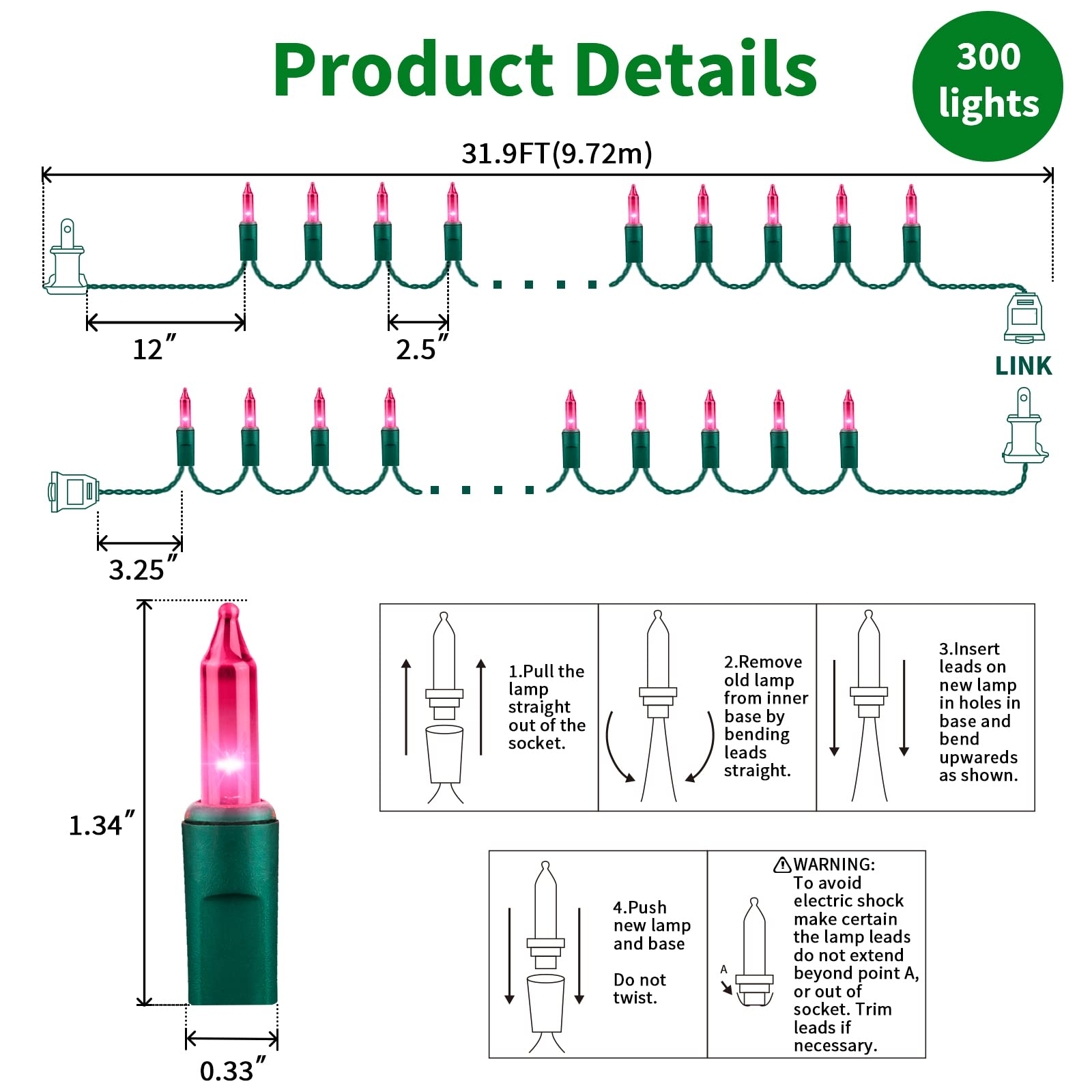 LAMPHOME pink lights end-to-end connectable for larger displays