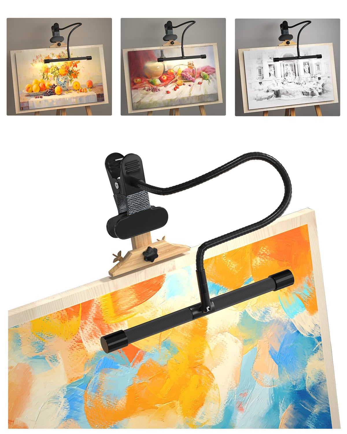 Lamptobe clip-on easel light securely grips surfaces for painting sessions.