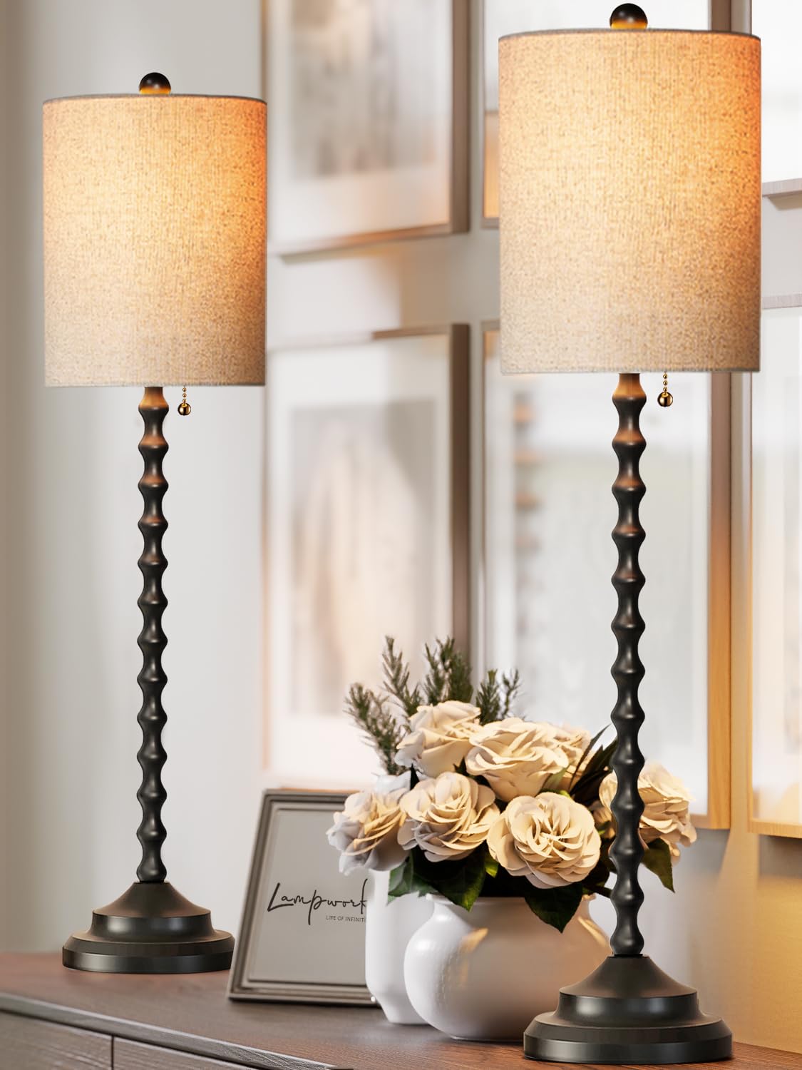 Lampworks buffet lamp with black base and linen shade for warm living room glow