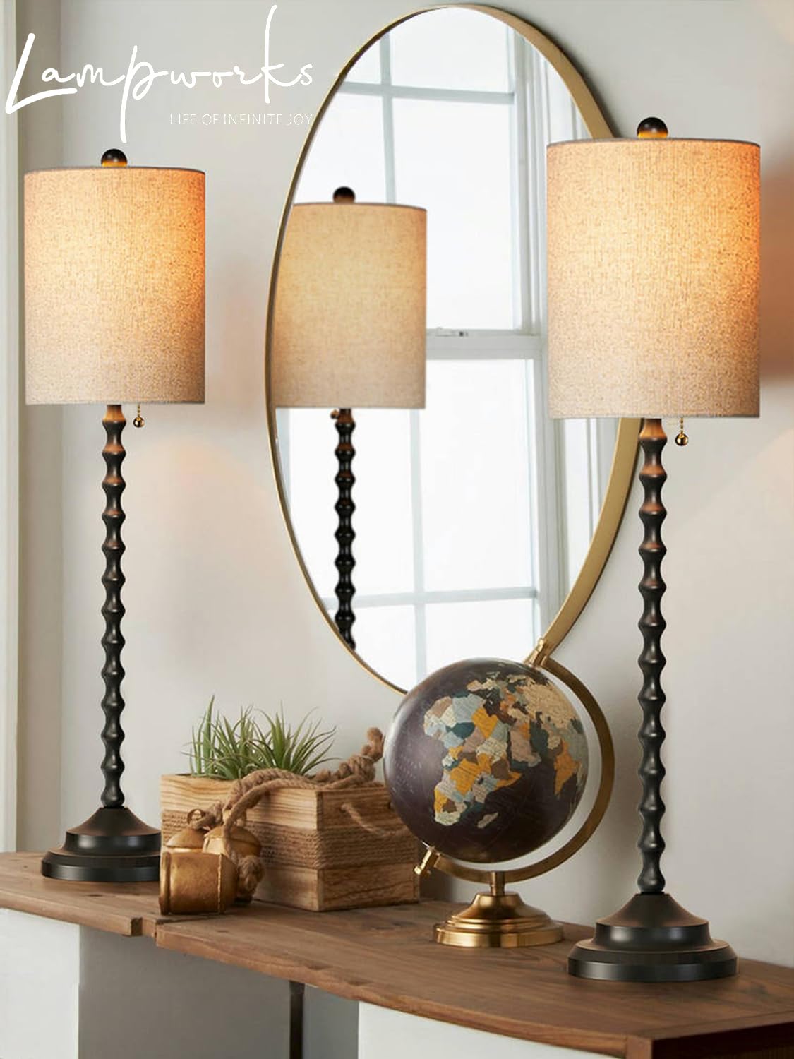 Lampworks buffet lamp close-up shows textured linen shade and black base