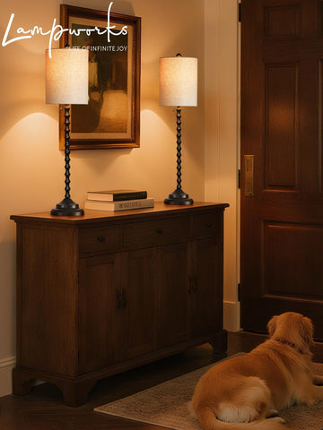 Lampworks buffet lamp by entryway providing welcoming glow
