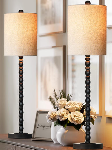 Lampworks Buffet Lamps 30in tall with matte black base enhances a chic living room.