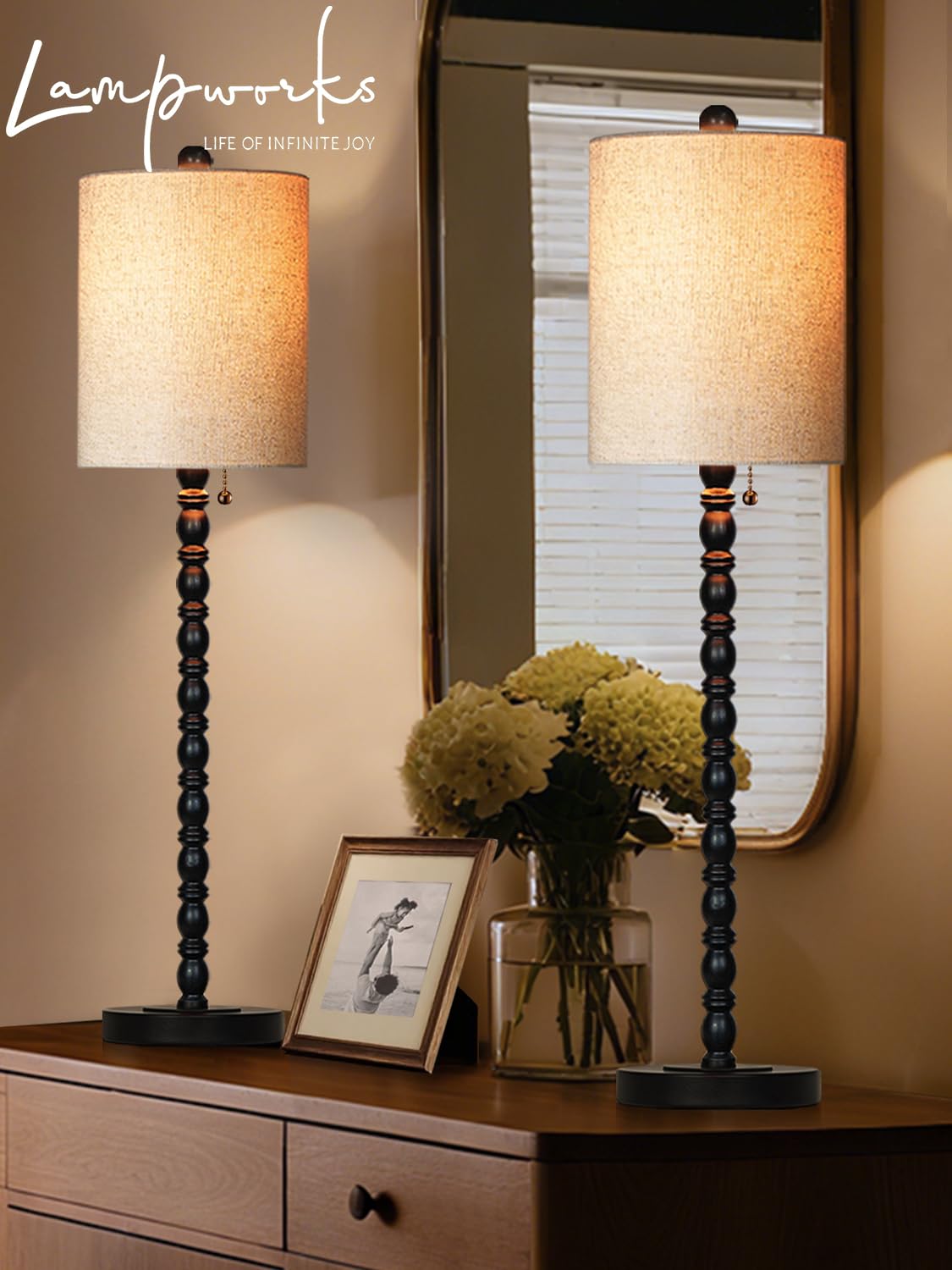 Lampworks buffet lamps with textured linen shades diffuse warm light for cozy meals.