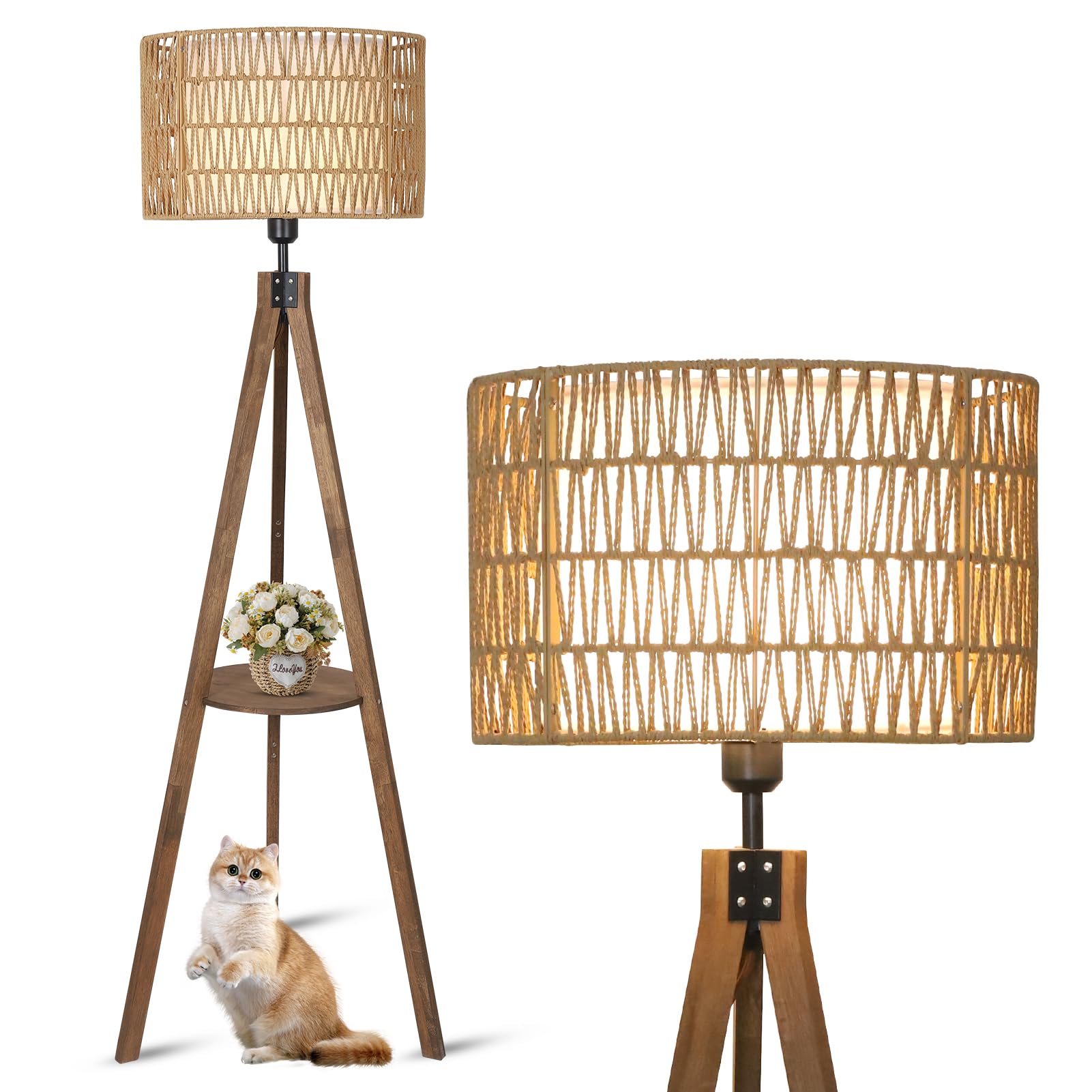 LAMSU boho tripod floor lamp with rattan shade provides warm ambient light.