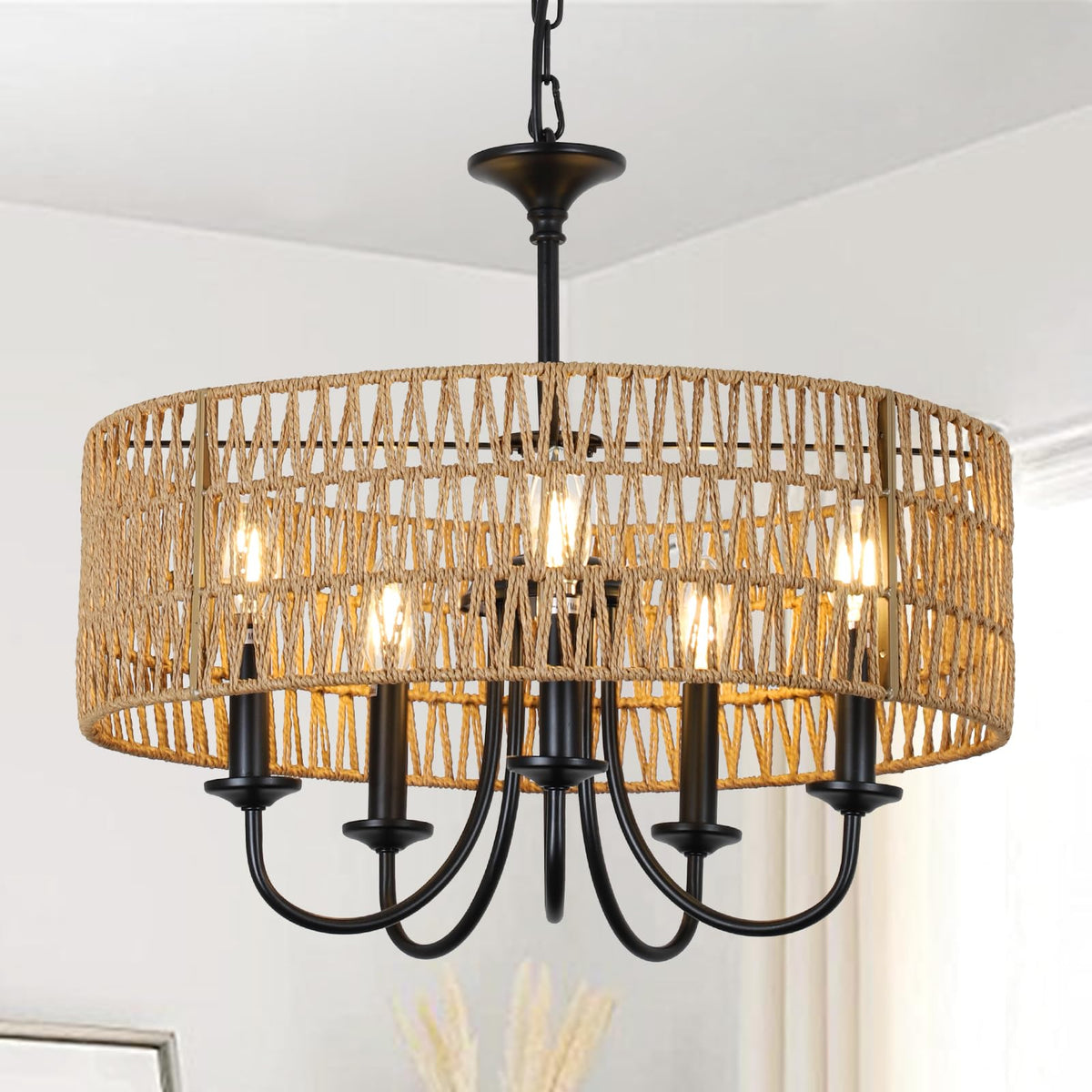 LAMSU modern farmhouse chandelier with 5 lights over dining table, warm ambience.