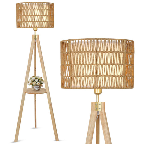 LAMSU oak wood tripod floor lamp with natural rattan shade