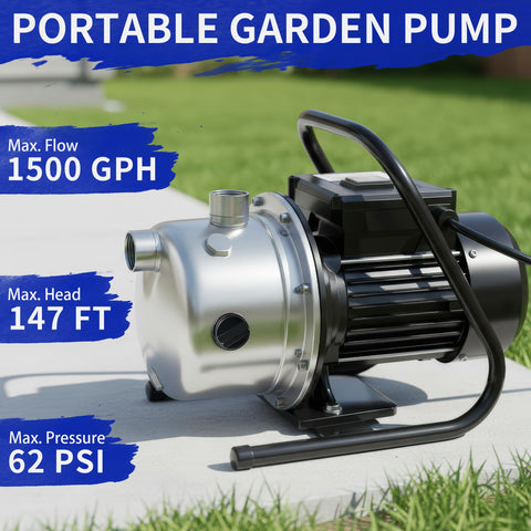 LANCHEZ shallow well pump side view shows durable stainless steel construction.
