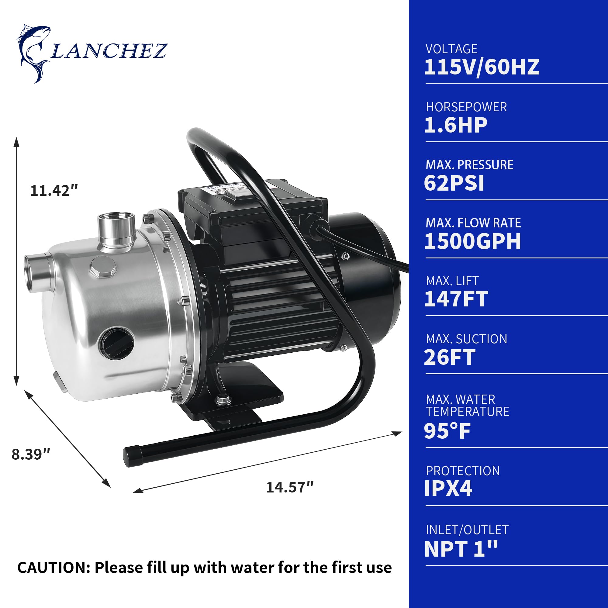 LANCHEZ shallow well pump top view reveals clear labeling for maintenance.