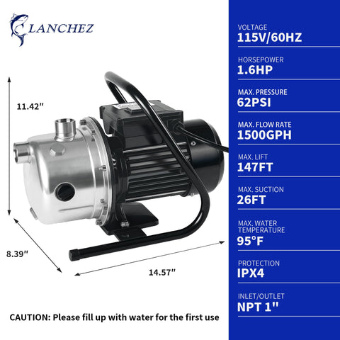 LANCHEZ shallow well pump top view reveals clear labeling for maintenance.