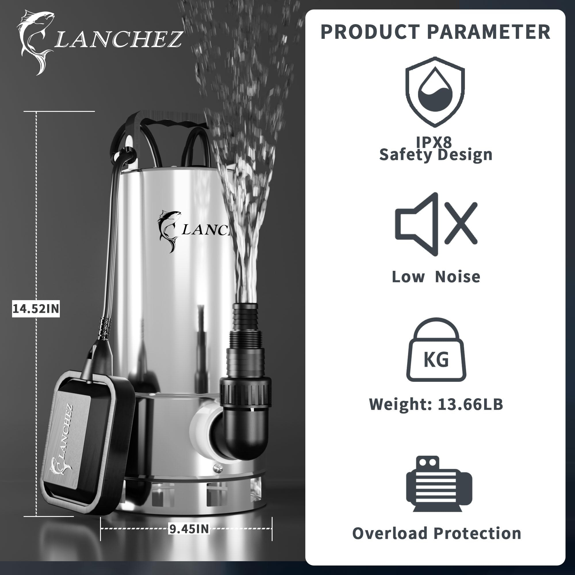 LANCHEZ sump pump with auto float switch ensures hands-off operation when water rises.