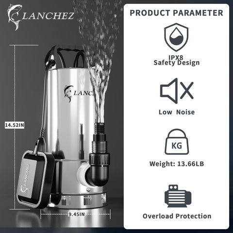 LANCHEZ sump pump with auto float switch ensures hands-off operation when water rises.