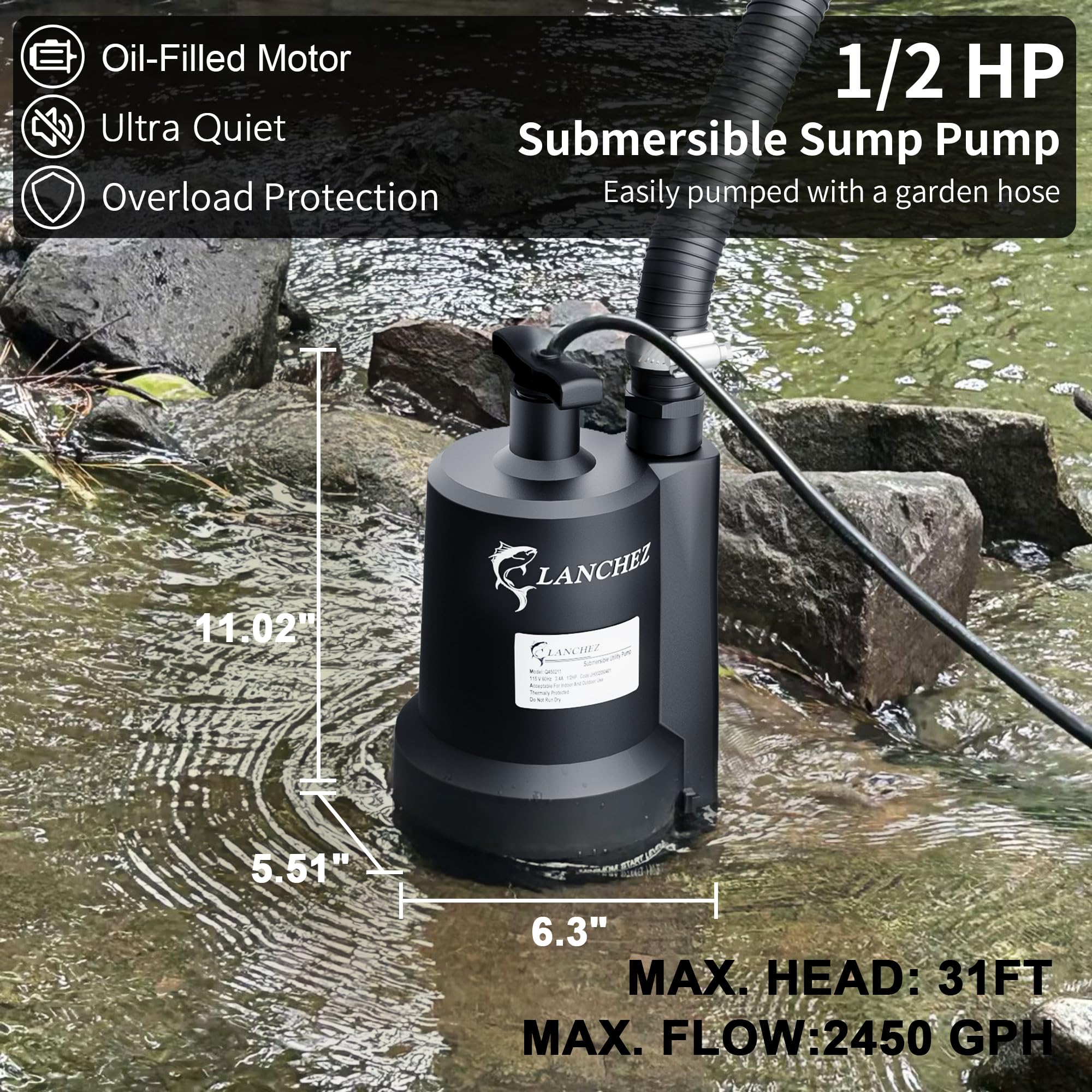 LANCHEZ sump pump high-flow 2450 GPH for fast water removal