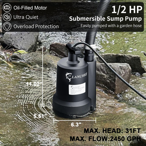 LANCHEZ sump pump high-flow 2450 GPH for fast water removal